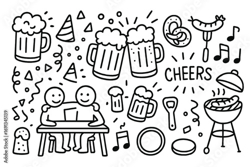 Beer Celebration Doodles. Hand-drawn doodle illustration beer celebration beer mug, clinking glasses, foam, bubbles, party hat,