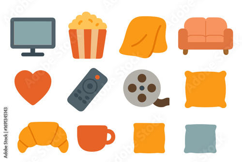 Children's Cozy Moments. Flat vector mini-illustrations Movie night cuddle in colors children's illustrations: television screen,