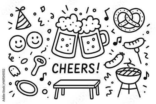 Beer Celebration Icons. Hand-drawn doodle illustration beer mugs celebration beer mug, clinking glasses, foam, bubbles, party hat,