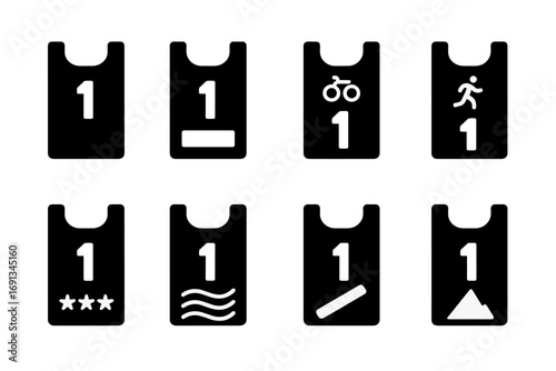 Bib Number Icons. Solid, filled icon set of bib number designs: race bib, marathon bib, cycling bib, running bib, triathlon bib,