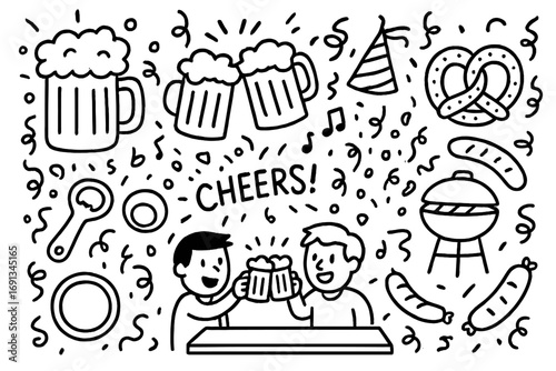 Beer Celebration Doodles. Hand-drawn doodle illustration beer celebration beer mug, clinking glasses, foam, bubbles, party hat,