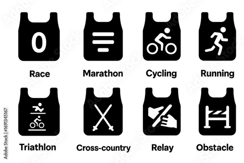 Bib Number Icons. Solid, filled icon set of bib number designs: race bib, marathon bib, cycling bib, running bib, triathlon bib,
