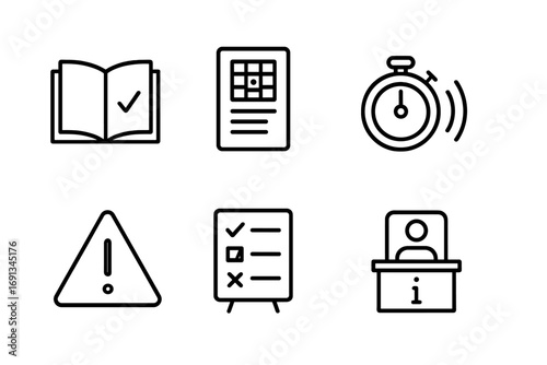 Bingo Game Rule Icons. Outline icon set of bingo game rules: rulebook, instruction sheet, timer, referee whistle, warning sign,
