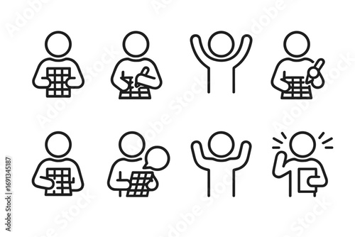 Bingo Player Icon Set. Outline icon set of bingo player actions: holding card, marking number, cheering, daubing card, checking