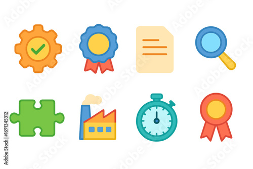 Children's ISO Icon Set. Flat vector mini-illustrations ISO standard implementation in colors children’s illustrations: gear with