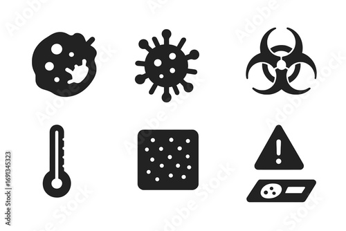 Blood Disease Icons. Solid, filled icon set of blood diseases: infected cell, virus icon, warning triangle, biohazard symbol,