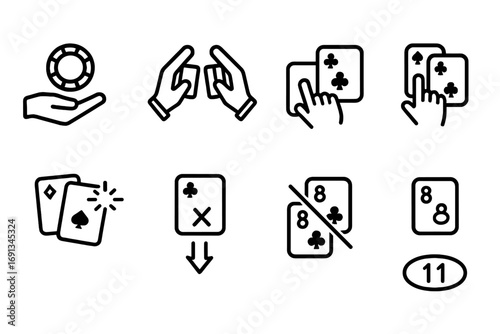 Blackjack Signal Icons. Outline icon set of blackjack game signals: bet placed, dealer shuffle, player turn, win signal, loss