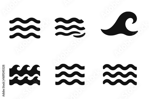 Black Wave Icons. Solid, filled icon set of waves in art and design: wavy lines, abstract waves, water ripple, wave motif, flowing