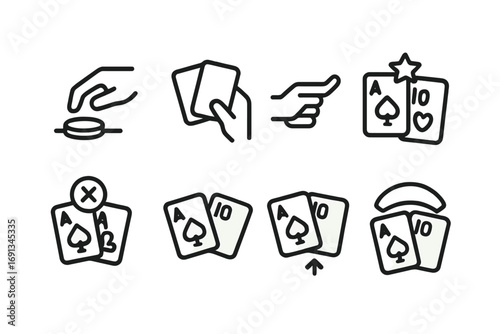 Blackjack Signal Icons. Outline icon set of blackjack game signals: bet placed, dealer shuffle, player turn, win signal, loss