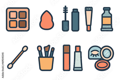 Children's Makeup Icons. Flat vector mini-illustrations Eyeshadow palette arrangement in colors children's illustrations: quad