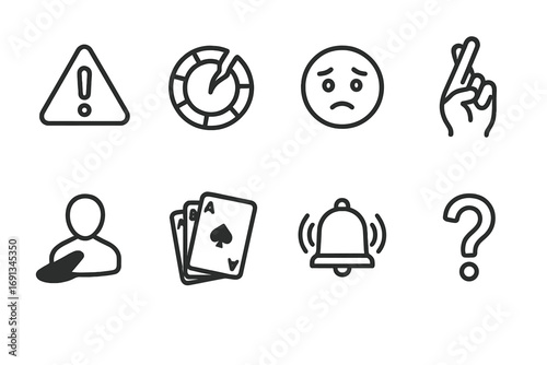 Bluff Risk Icons. Outline icon set of bluff risks: warning sign, broken poker chips, worried face, crossed fingers, shadow figure,