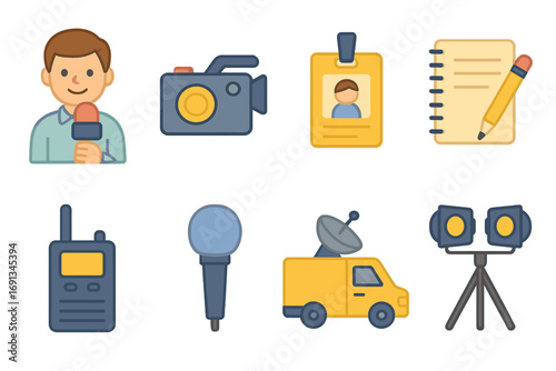 Children's Reporter Icons. Flat vector mini-illustrations Field reporting in colors children's illustrations: reporter with mic,