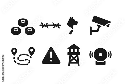 Border Hazards Icons. Solid, filled icon set of border hazards: minefield, barbed wire, guard dog, security camera, patrol route,