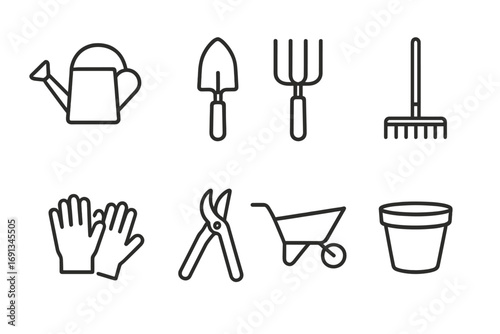Botanical Garden Tools Icons. Outline icon set of botanical garden tools: watering can, trowel, garden fork, rake, gloves, pruner,