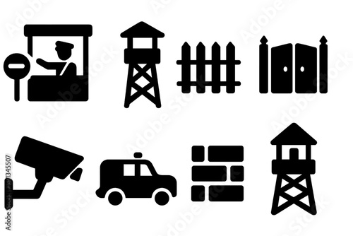 Border Security Icons. Solid, filled icon set of border security: checkpoint, guard tower, fence, border gate, surveillance camera