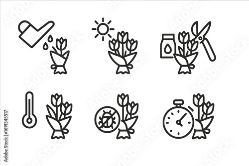 Bouquet Care Icon Set. Outline icon set of bouquet care: watering, sunlight, trimming, fertilizer, temperature, humidity, pest