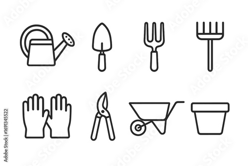 Botanical Garden Tools Icons. Outline icon set of botanical garden tools: watering can, trowel, garden fork, rake, gloves, pruner,