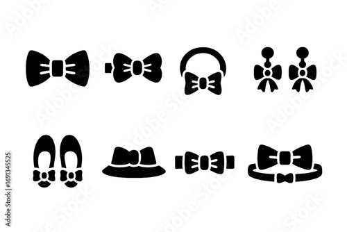Bow Accessories Icons. Solid, filled icon set of bow fashion accessories: bow tie, hair bow clip, bow bracelet, bow earrings, bow