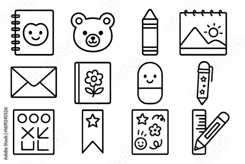 Children's Stationery Icons. Outline icon set of children’s stationery: cartoon notebook, animal sticker, crayon, drawing pad,