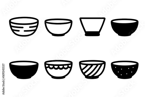 Bowl Icons Collection. Solid, filled icon set of bowl types: wooden bowl, ceramic bowl, glass bowl, metal bowl, plastic bowl,