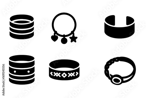 Bracelet Trend Icons. Solid, filled icon set of bracelet fashion trends: layered bracelets, personalized charms, minimalist bands,
