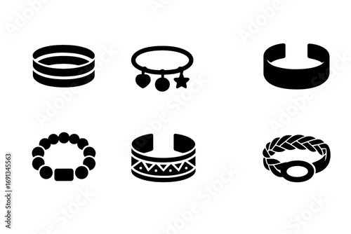 Bracelet Trend Icons. Solid, filled icon set of bracelet fashion trends: layered bracelets, personalized charms, minimalist bands,