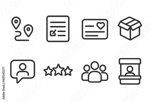 Brand Experience Icons. Outline icon set of brand experience: customer journey, feedback form, loyalty card, product unboxing,