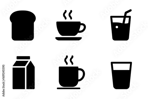 Breakfast Beverage Icons. Solid, filled icon set of toast and drinks: coffee cup, tea cup, orange juice glass, milk carton, hot
