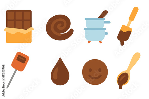 Chocolate Melting Icons. Flat vector mini-illustrations Chocolate melting and tempering in colors children’s illustrations: