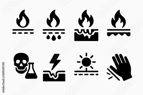 Burn Types Icons. Solid, filled icon set of burn types: first-degree burn, second-degree burn, third-degree burn, thermal burn,