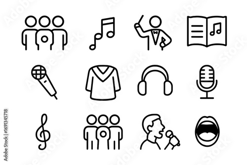 Choir Icon Set. Outline icon set of choir and singing: group of singers, music notes, conductor, sheet music, handheld microphone,
