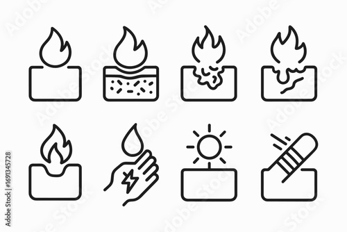Burn Types Icons. Solid, filled icon set of burn types: first-degree burn, second-degree burn, third-degree burn, thermal burn,