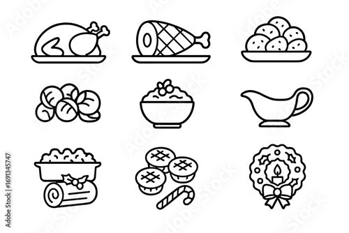 Christmas Dinner Icons. Outline icon set of Christmas dinner classics: roast turkey, glazed ham, roast potatoes, Brussels sprouts,