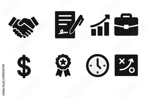 Business Icon Set. Solid, filled icon set of business targets: handshake, contract, graph, briefcase, dollar sign, award, clock,