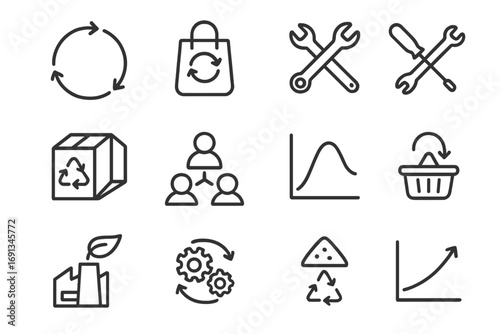 Circular Economy Icons. Outline icon set of circular economy: closed loop arrows, product reuse symbol, repair tools, refurbished