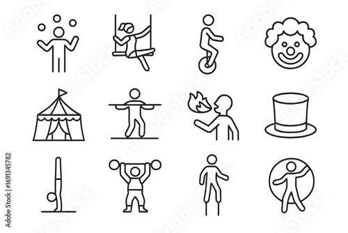 Circus Arts Icons. Outline icon set of circus arts: juggler, trapeze artist, unicyclist, clown face, circus tent, tightrope walker