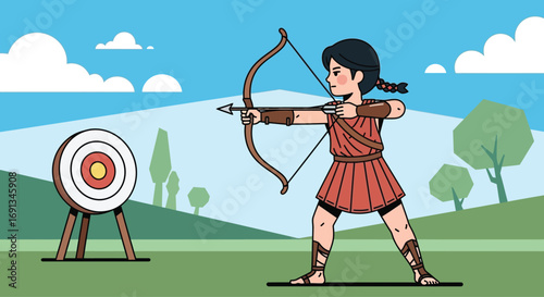 Young female archer in ancient attire aiming her bow.