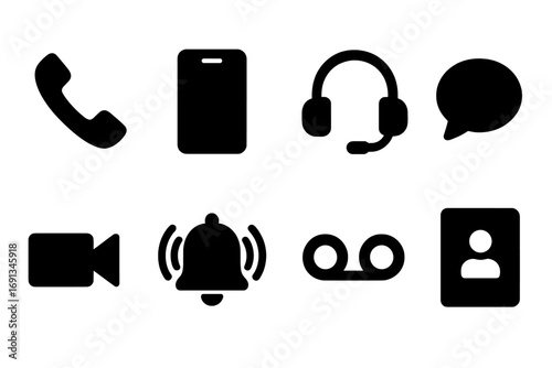 Call Communication Icons. Solid, filled icon set of call communication: telephone handset, mobile phone, headset, speech bubble,