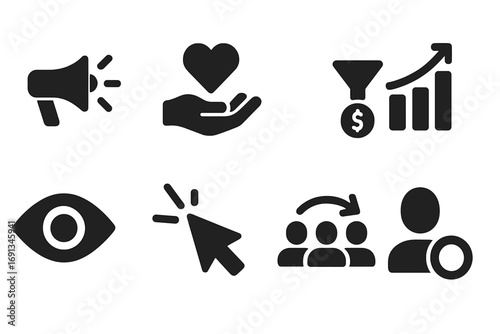 Campaign Metrics Icons. Solid, filled icon set of campaign metrics: reach, engagement, conversion, ROI, impressions, clicks,