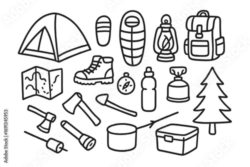 Camping Gear Doodles. Hand-drawn doodle illustration Camping gear tent, sleeping bag, backpack, hiking boots, lantern, compass,
