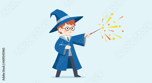 Young boy wizard in a blue robe casting a magic spell.