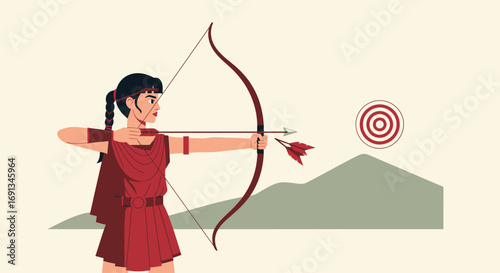 Young female archer in red tunic aiming a bow and arrow.