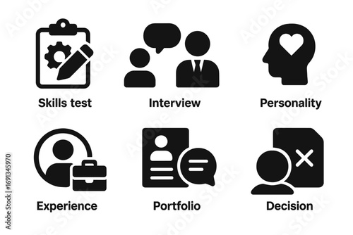 Candidate Evaluation Icons. Solid, filled icon set of candidate evaluation: skills test, interview, rating stars, personality,
