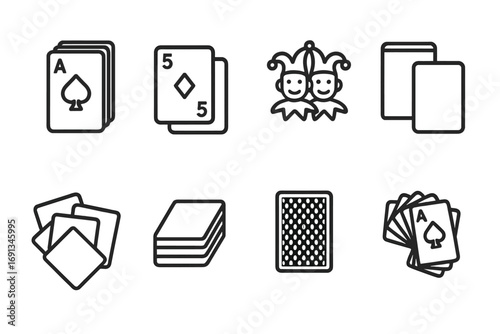 Card Deck Icons. Outline icon set of card decks: full deck, half deck, jokers, card box, shuffled deck, stacked deck, card back,