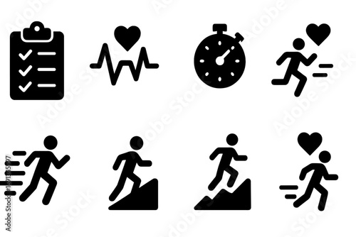 Cardio Training Icons. Solid, filled icon set of cardio training plans: interval training, steady state, HIIT, long distance,