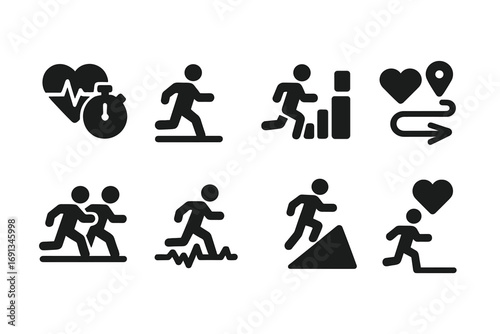 Cardio Training Icons. Solid, filled icon set of cardio training plans: interval training, steady state, HIIT, long distance,