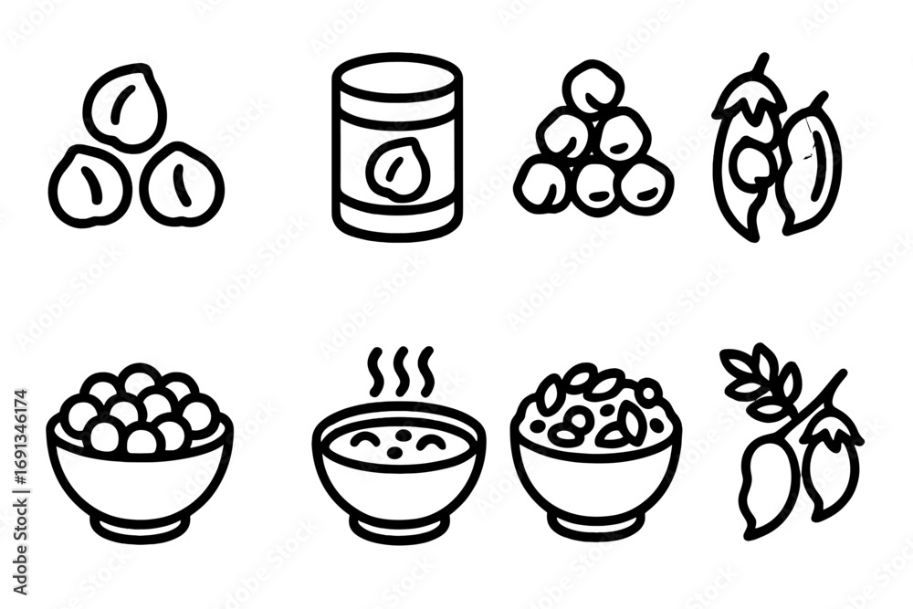Fototapeta premium Chickpea Icon Grid. Solid, filled icon set of chickpea types: white chickpeas, canned chickpeas, dried chickpeas, fresh pods,