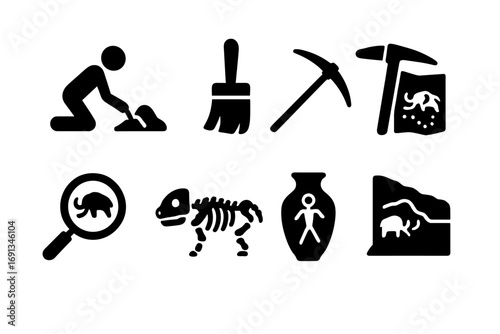 Cave Painting Icons. Solid, filled icon set of cave painting discoveries: archaeological dig, fossil brush, pickaxe, map,
