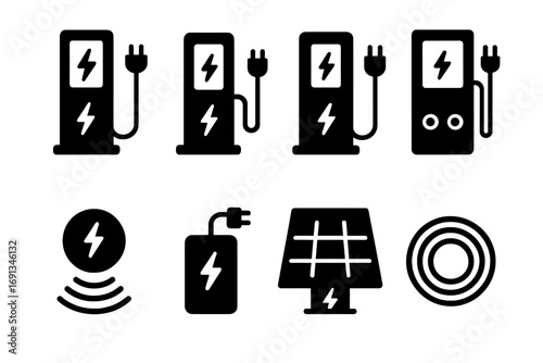 Charging Station Icons. Solid, filled icon set of charging station types: fast charger, level 1 charger, level 2 charger, DC