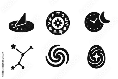 Celestial Icon Set. Solid, filled icon set of celestial time: sundial, zodiac signs, moon clock, stargazing telescope,
